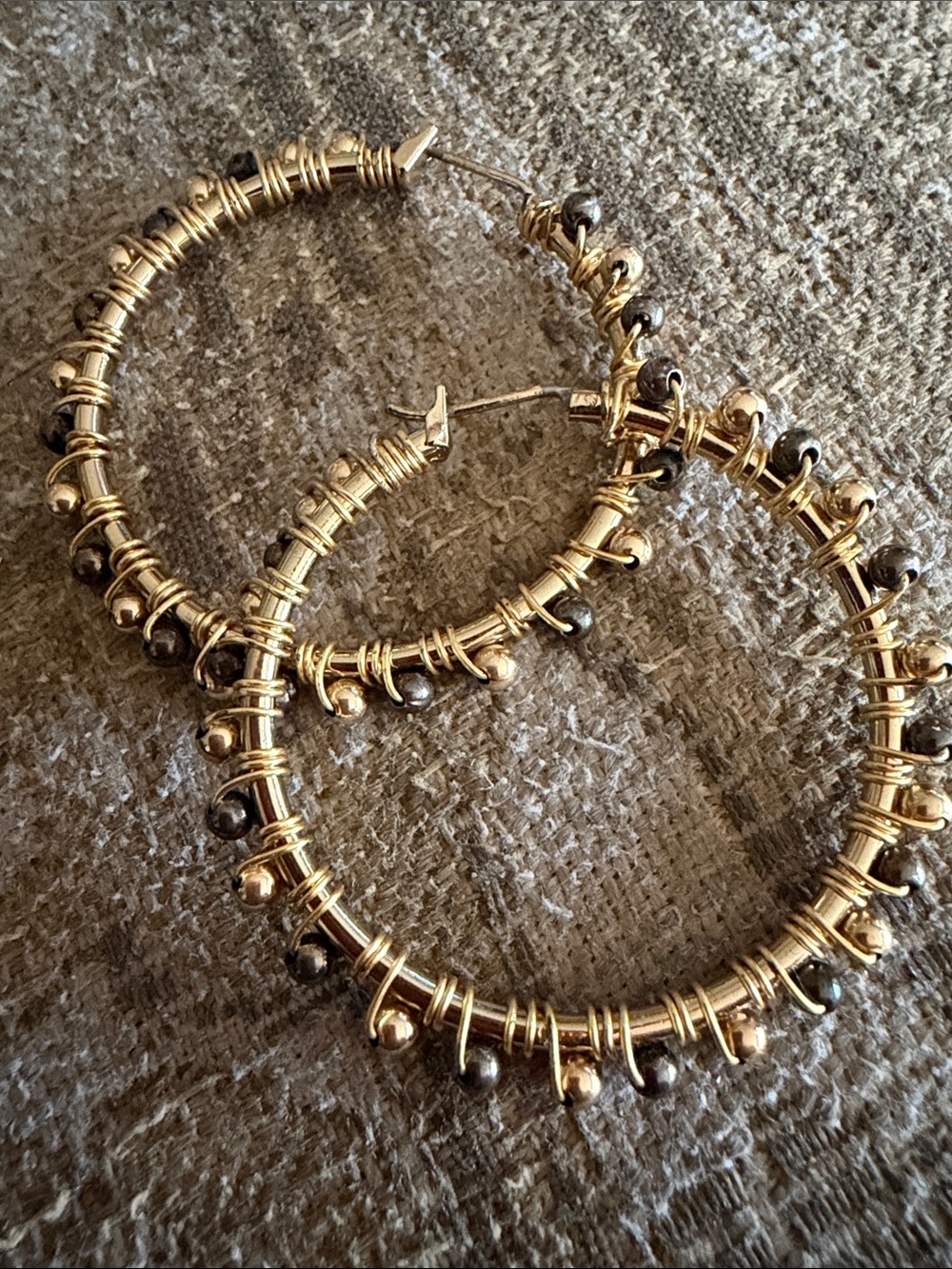 14 kt gold  filled hoop earring with pyrite and gold beads handmade ! 1-1/2 inch